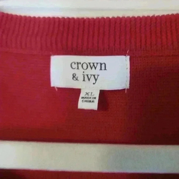 Red and black stripe Christmasy Crown and Ivy tartan sweater. Gold tone buttons. - Picture 3 of 5